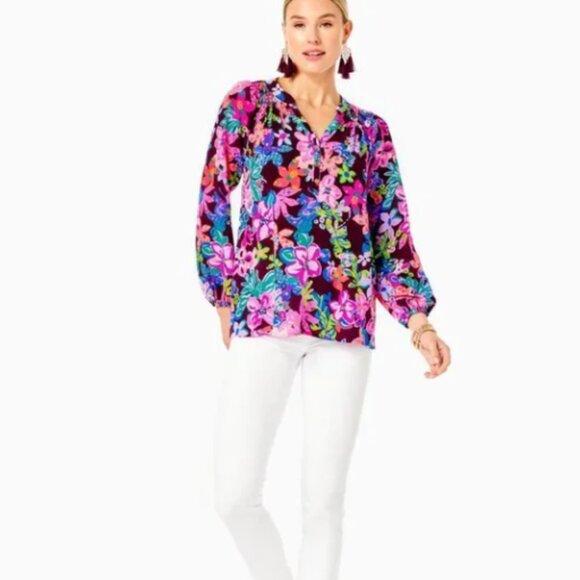 NWT Lilly Pulitzer Elsa Silk Top Blouse Cherry Ganache Bohemian Garden Size XL - Picture 2 of 8
